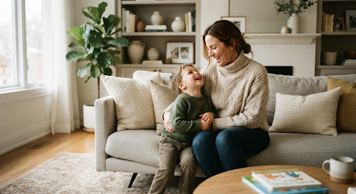 A mother laughing with her young son